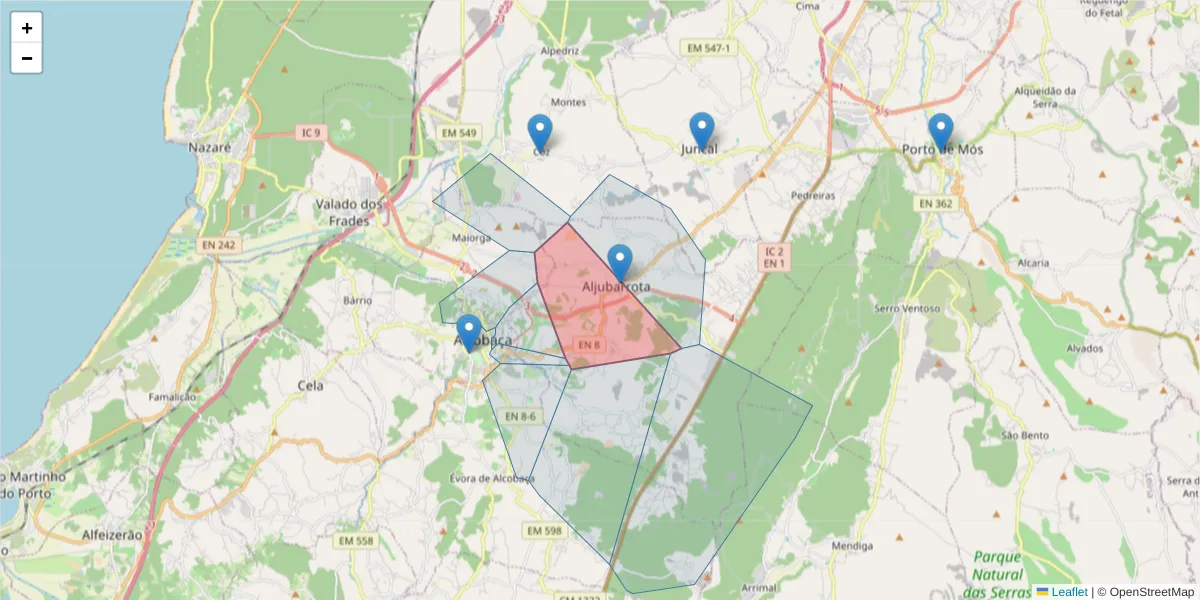 Mapa detalhado do código postal 2460-601 com limites, códigos postais vizinhos e agências dos correios