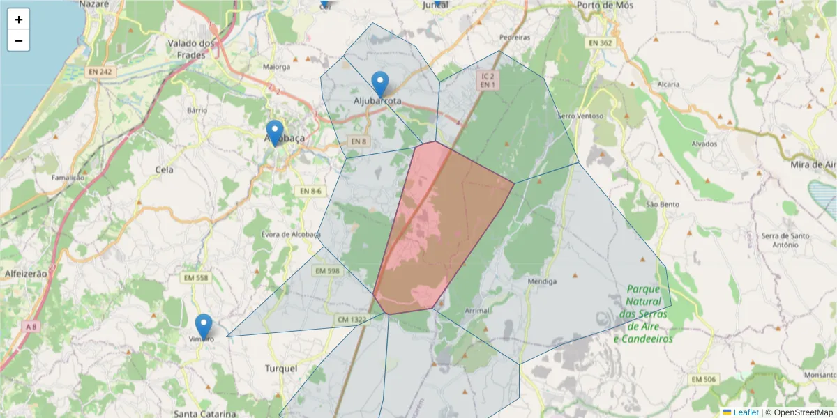 Mapa detalhado do código postal 2460-615 com limites, códigos postais vizinhos e agências dos correios