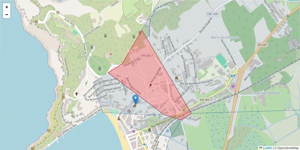 Mapa detalhado do código postal 2460-669 com limites, códigos postais vizinhos e agências dos correios