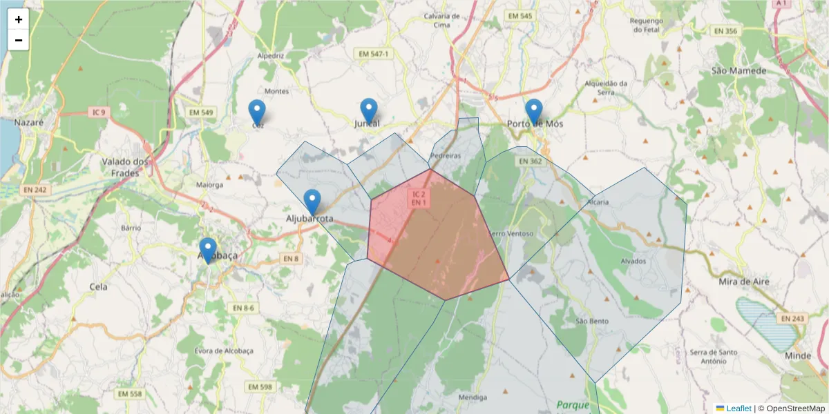 Mapa detalhado do código postal 2460-715 com limites, códigos postais vizinhos e agências dos correios