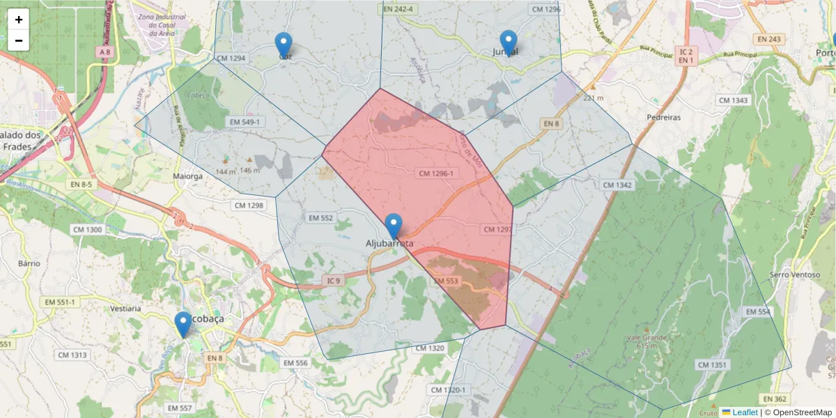 Mapa detalhado do código postal 2460-720 com limites, códigos postais vizinhos e agências dos correios