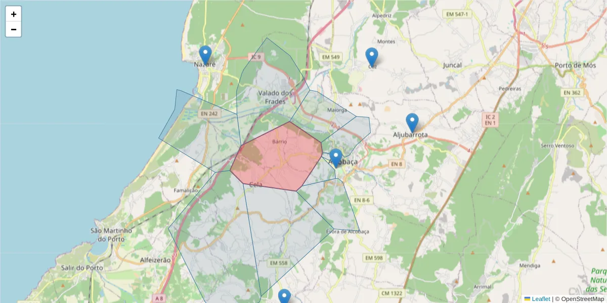 Mapa detalhado do código postal 2460-743 com limites, códigos postais vizinhos e agências dos correios