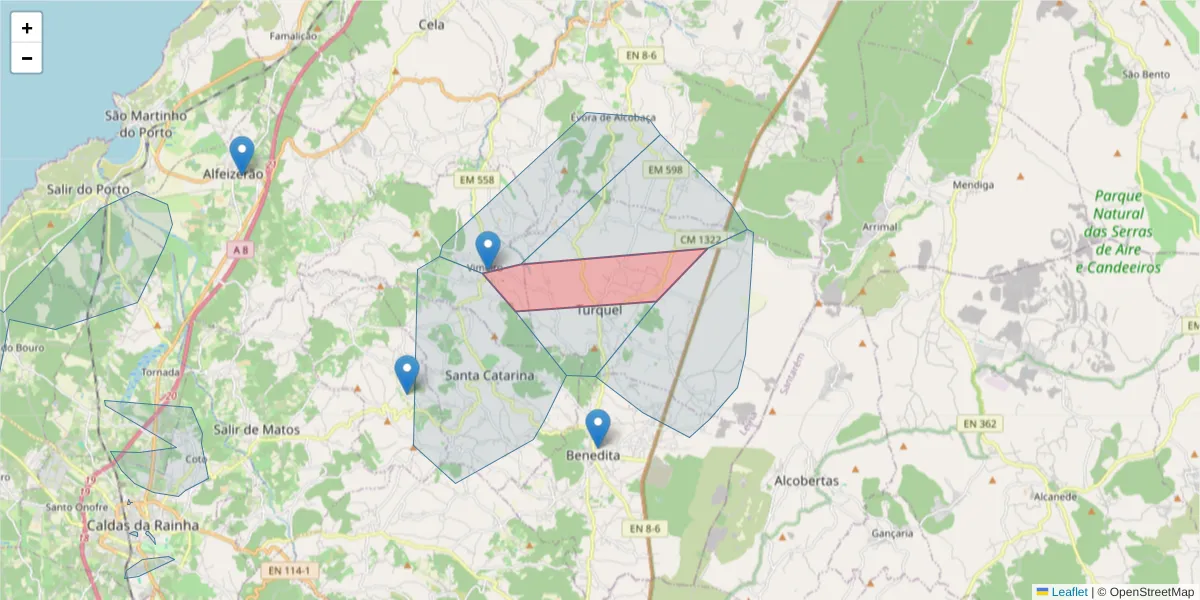 Mapa detalhado do código postal 2460-892 com limites, códigos postais vizinhos e agências dos correios