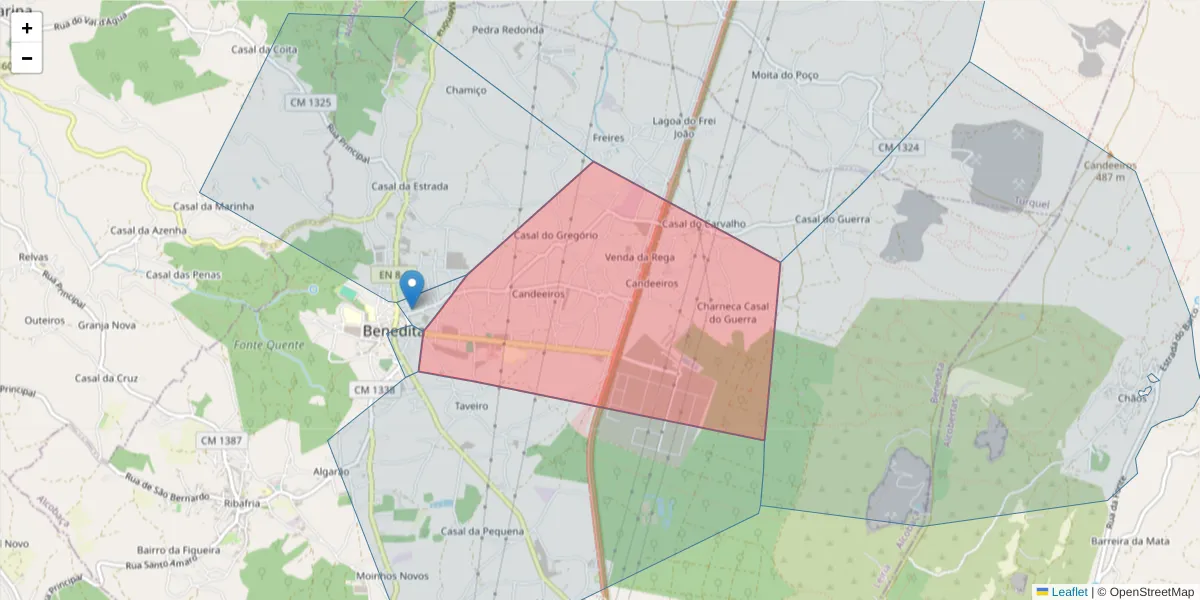 Mapa detalhado do código postal 2475-102 com limites, códigos postais vizinhos e agências dos correios