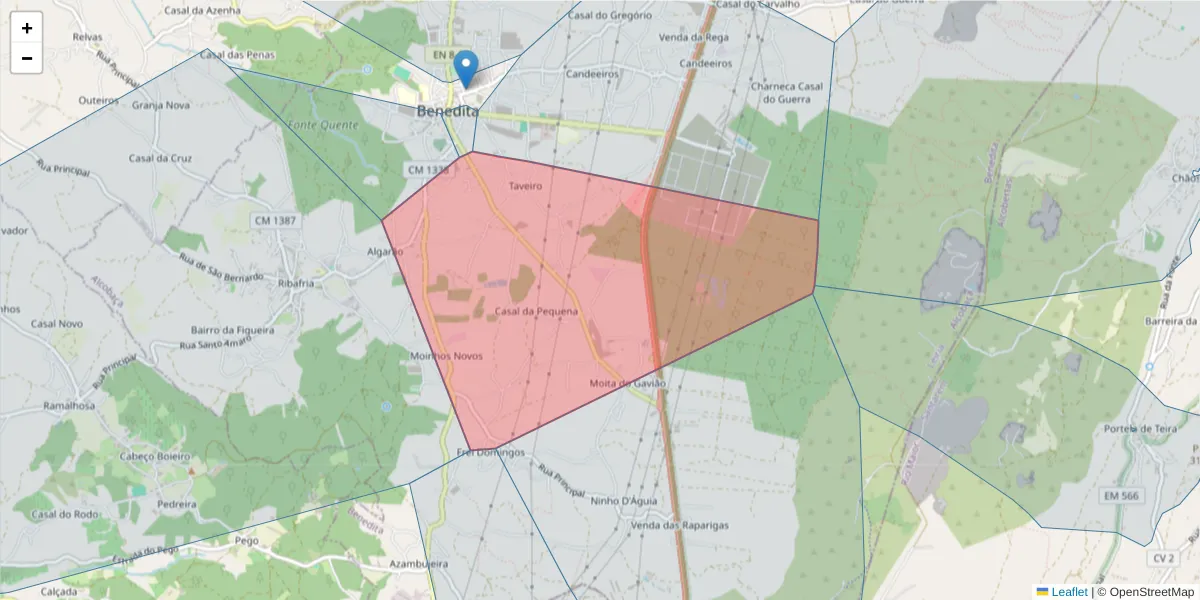 Mapa detalhado do código postal 2475-130 com limites, códigos postais vizinhos e agências dos correios