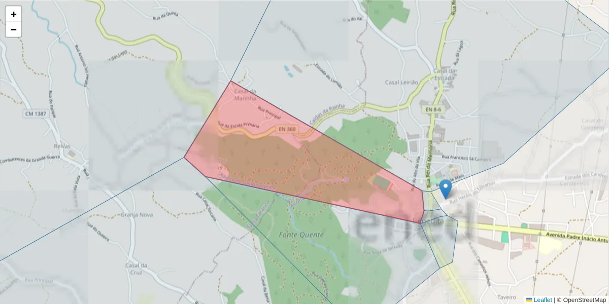 Mapa detalhado do código postal 2475-133 com limites, códigos postais vizinhos e agências dos correios