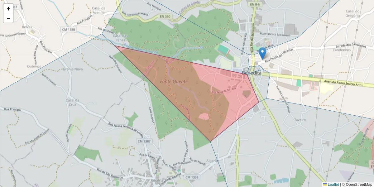 Mapa detalhado do código postal 2475-138 com limites, códigos postais vizinhos e agências dos correios