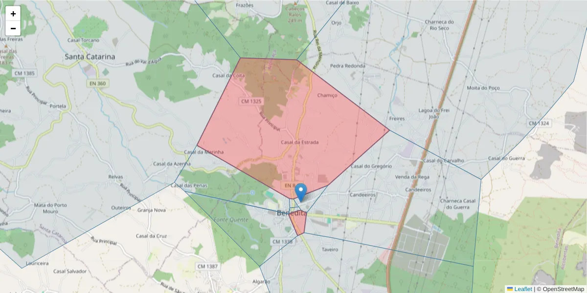 Mapa detalhado do código postal 2475 com limites, códigos postais vizinhos e agências dos correios