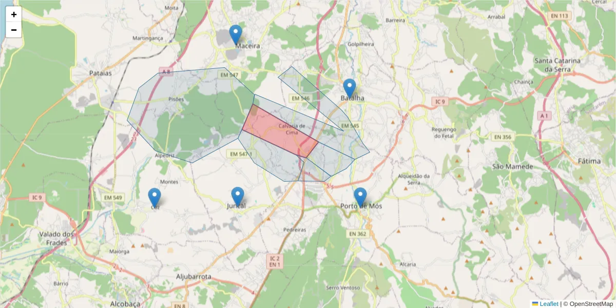 Mapa detalhado do código postal 2480-052 com limites, códigos postais vizinhos e agências dos correios
