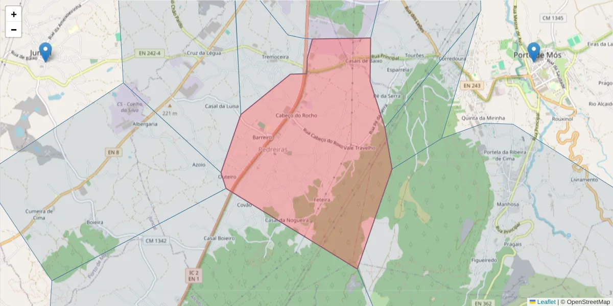 Mapa detalhado do código postal 2480-109 com limites, códigos postais vizinhos e agências dos correios