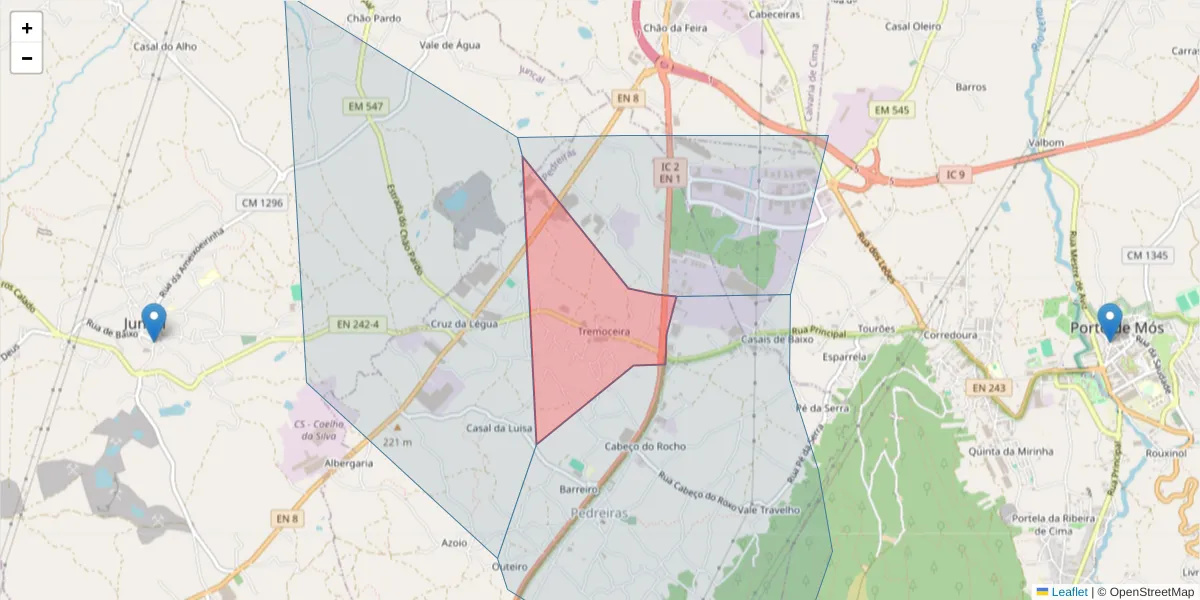 Mapa detalhado do código postal 2480-113 com limites, códigos postais vizinhos e agências dos correios