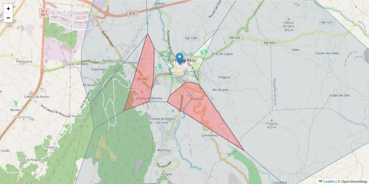 Mapa detalhado do código postal 2480-170 com limites, códigos postais vizinhos e agências dos correios