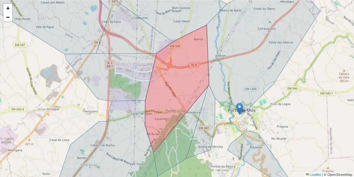 Mapa detalhado do código postal 2480-173 com limites, códigos postais vizinhos e agências dos correios