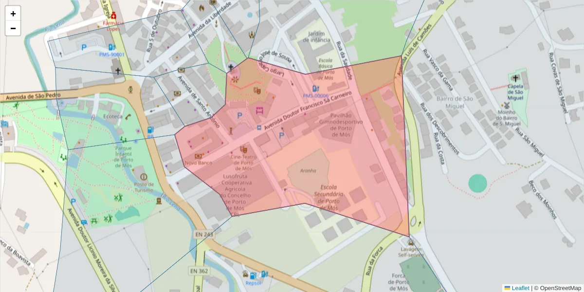 Mapa detalhado do código postal 2480-305 com limites, códigos postais vizinhos e agências dos correios
