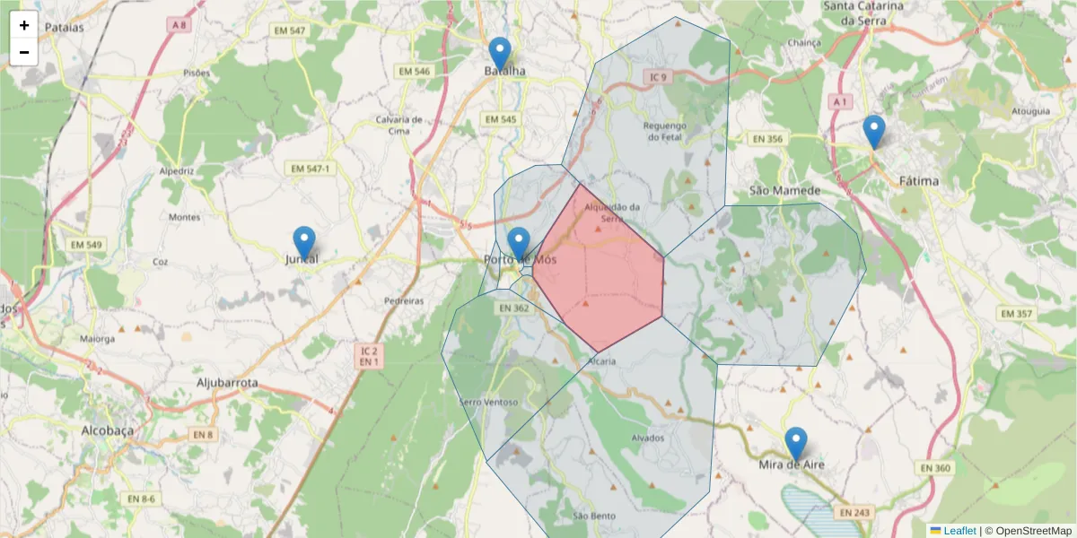 Mapa detalhado do código postal 2480-308 com limites, códigos postais vizinhos e agências dos correios
