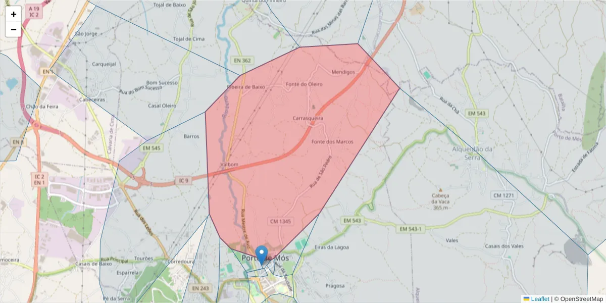 Mapa detalhado do código postal 2480-335 com limites, códigos postais vizinhos e agências dos correios