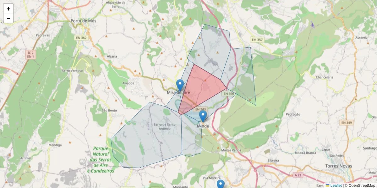 Mapa detalhado do código postal 2485-050 com limites, códigos postais vizinhos e agências dos correios