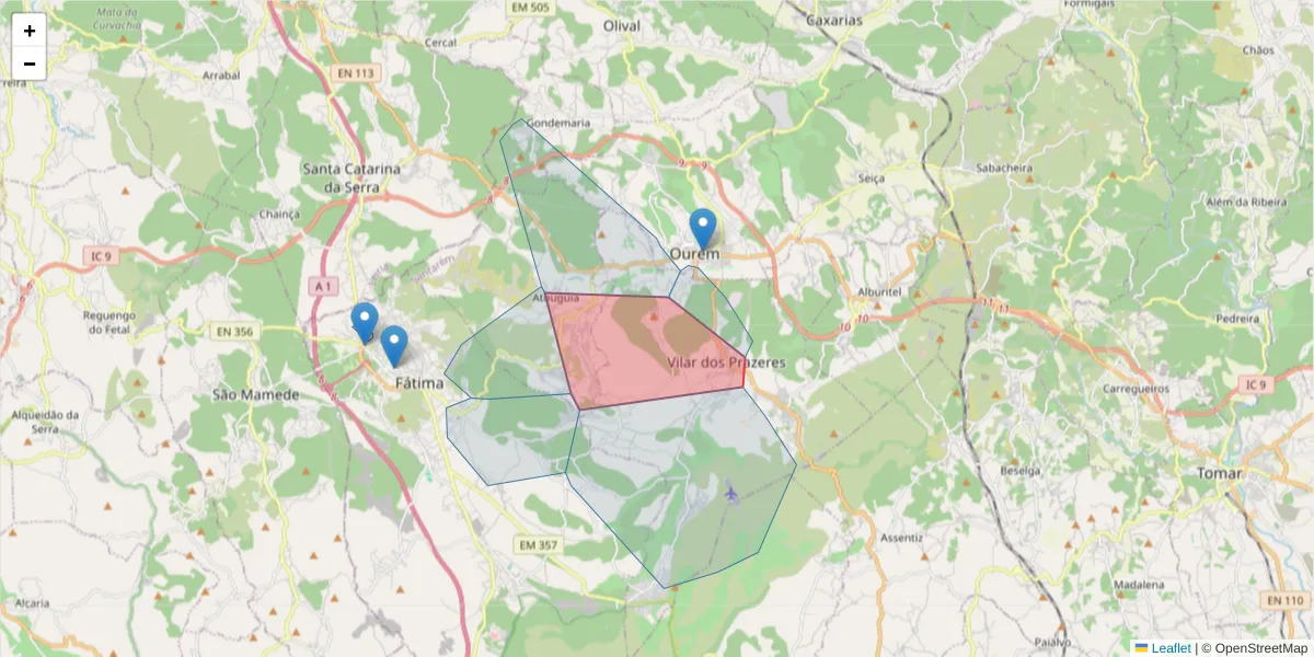 Mapa detalhado do código postal 2490-634 com limites, códigos postais vizinhos e agências dos correios