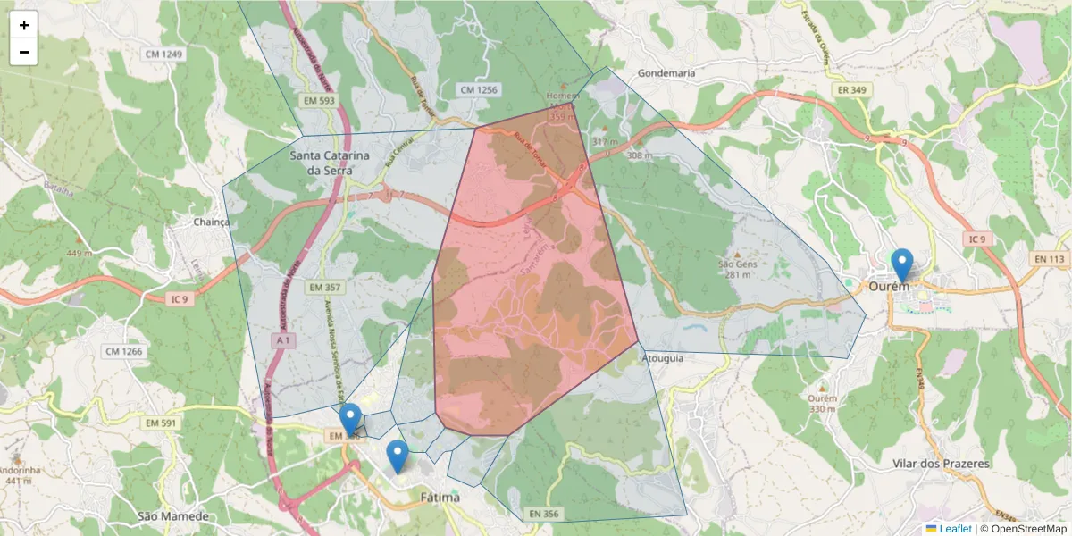 Mapa detalhado do código postal 2490-651 com limites, códigos postais vizinhos e agências dos correios