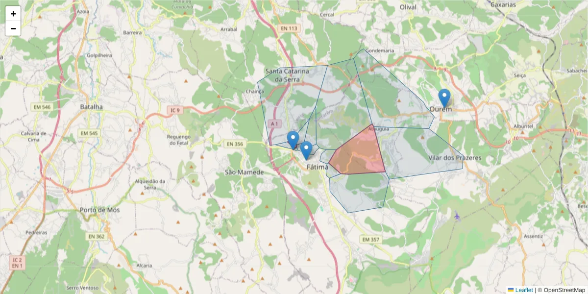 Mapa detalhado do código postal 2495-000 com limites, códigos postais vizinhos e agências dos correios
