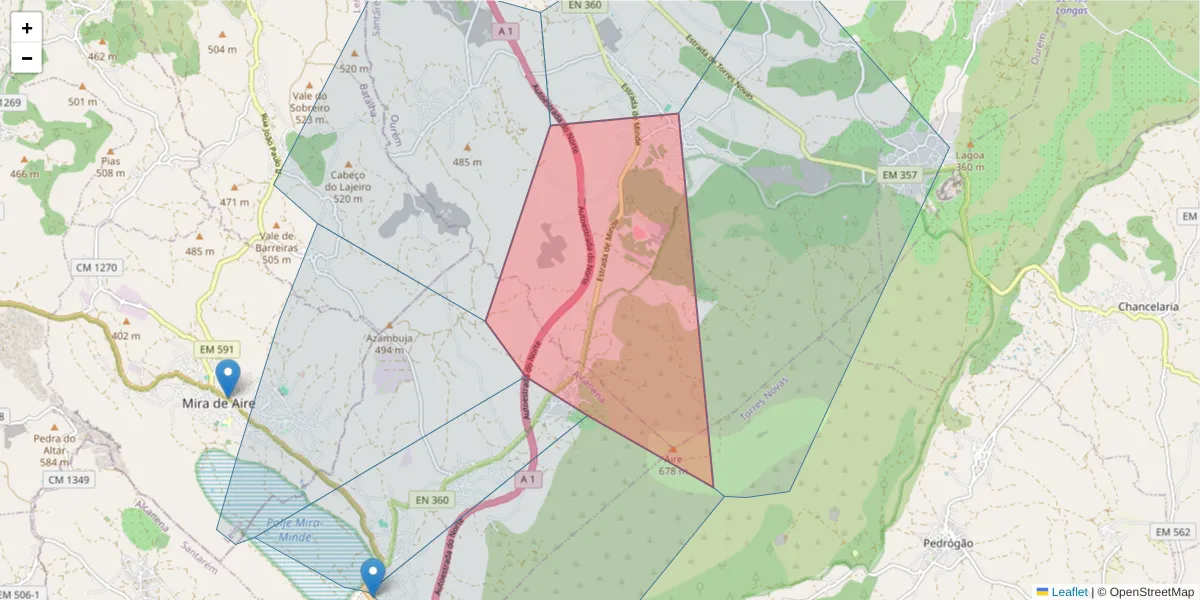 Mapa detalhado do código postal 2495-079 com limites, códigos postais vizinhos e agências dos correios