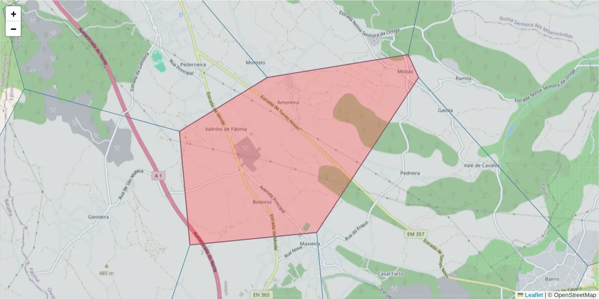 Mapa detalhado do código postal 2495-311 com limites, códigos postais vizinhos e agências dos correios
