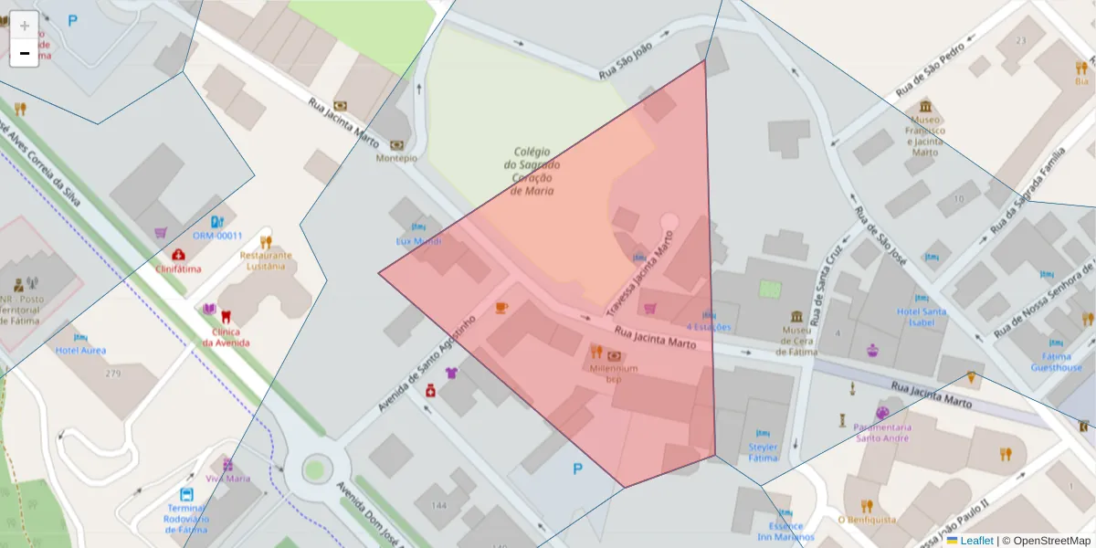 Mapa detalhado do código postal 2495-404 com limites, códigos postais vizinhos e agências dos correios