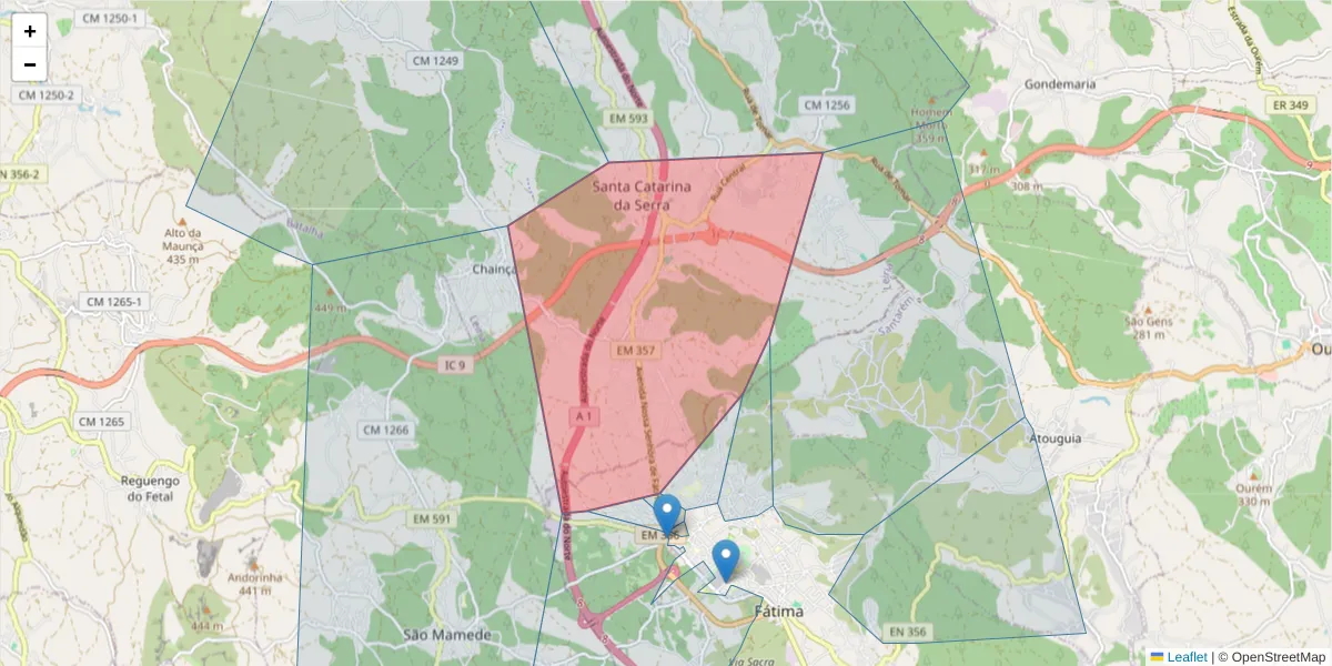 Mapa detalhado do código postal 2495-407 com limites, códigos postais vizinhos e agências dos correios