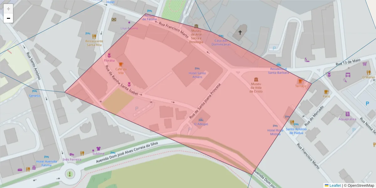 Mapa detalhado do código postal 2495-424 com limites, códigos postais vizinhos e agências dos correios