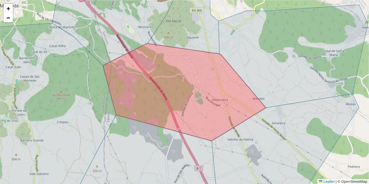Mapa detalhado do código postal 2495-518 com limites, códigos postais vizinhos e agências dos correios