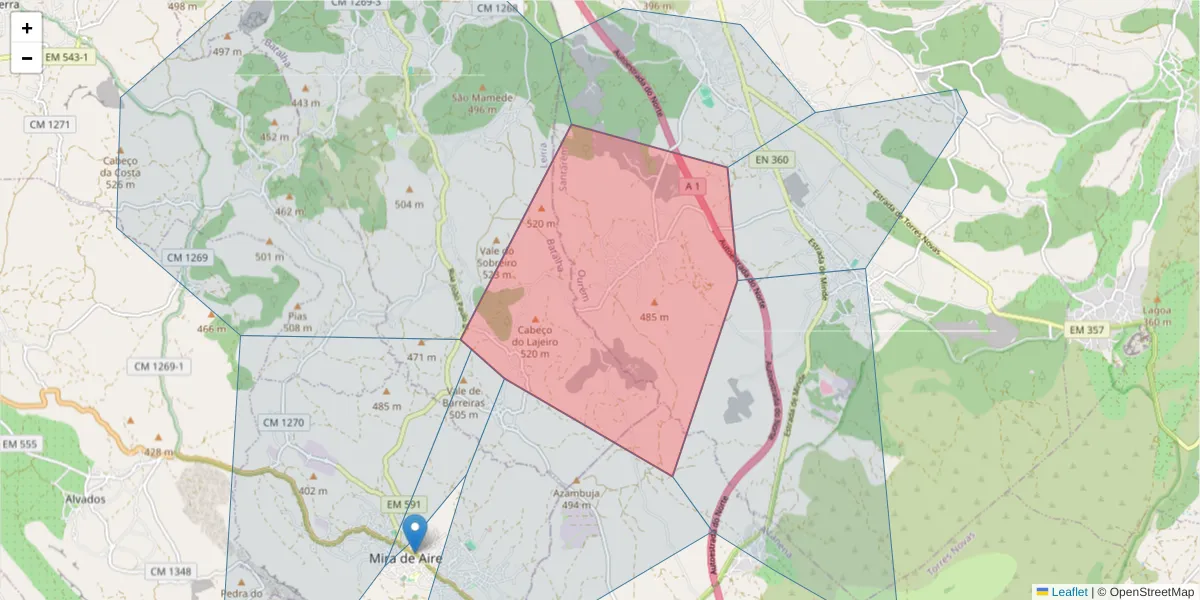 Mapa detalhado do código postal 2495-591 com limites, códigos postais vizinhos e agências dos correios