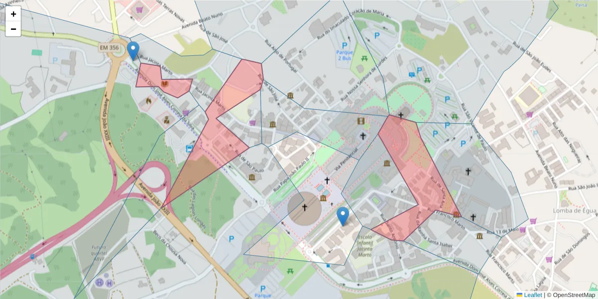 Mapa detalhado do código postal 2495 com limites, códigos postais vizinhos e agências dos correios