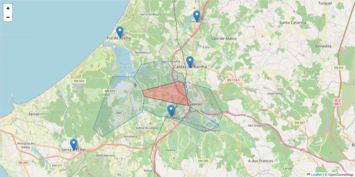 Mapa detalhado do código postal 2500-000 com limites, códigos postais vizinhos e agências dos correios