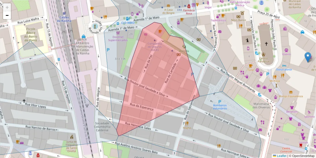 Mapa detalhado do código postal 2500-082 com limites, códigos postais vizinhos e agências dos correios