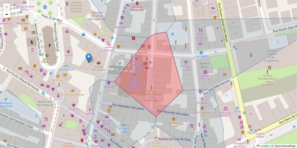 Mapa detalhado do código postal 2500-110 com limites, códigos postais vizinhos e agências dos correios