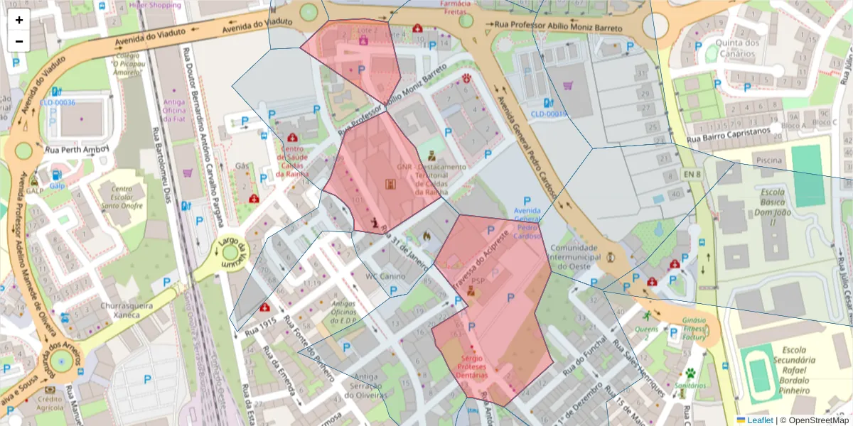 Mapa detalhado do código postal 2500-118 com limites, códigos postais vizinhos e agências dos correios
