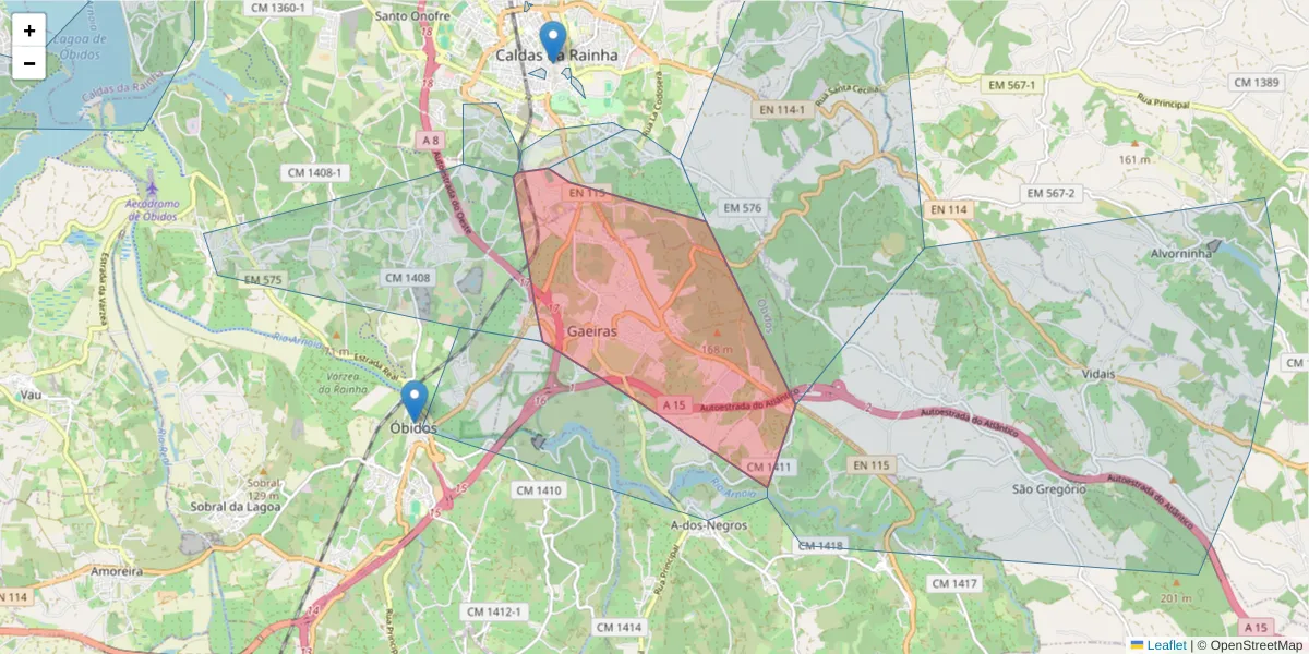 Mapa detalhado do código postal 2500-138 com limites, códigos postais vizinhos e agências dos correios