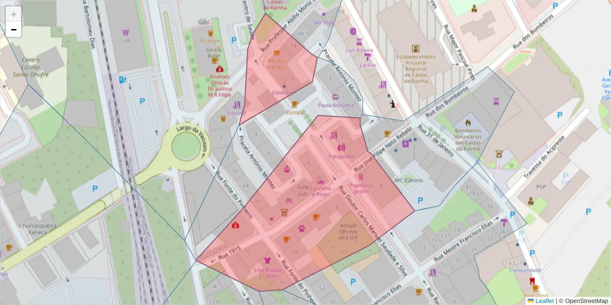 Mapa detalhado do código postal 2500-142 com limites, códigos postais vizinhos e agências dos correios