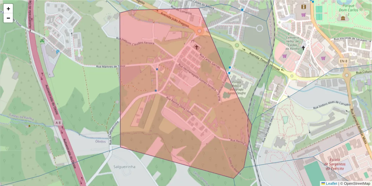 Mapa detalhado do código postal 2500-146 com limites, códigos postais vizinhos e agências dos correios
