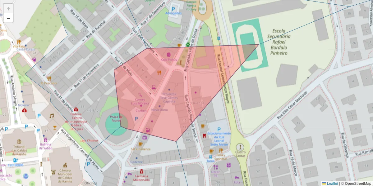 Mapa detalhado do código postal 2500-167 com limites, códigos postais vizinhos e agências dos correios
