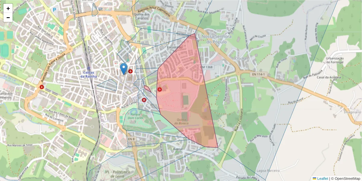 Mapa detalhado do código postal 2500-176 com limites, códigos postais vizinhos e agências dos correios
