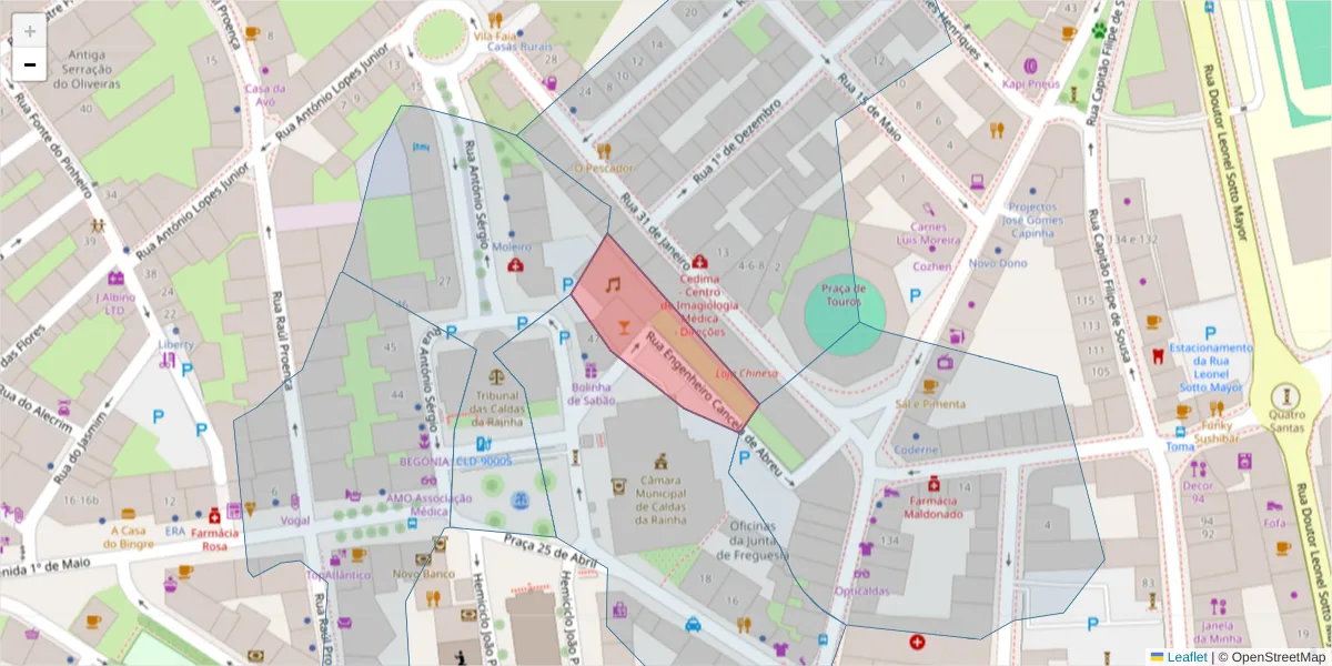Mapa detalhado do código postal 2500-197 com limites, códigos postais vizinhos e agências dos correios