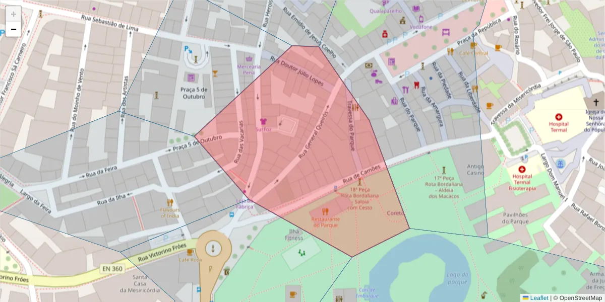 Mapa detalhado do código postal 2500-216 com limites, códigos postais vizinhos e agências dos correios