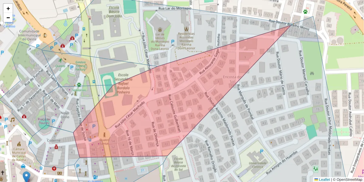 Mapa detalhado do código postal 2500-225 com limites, códigos postais vizinhos e agências dos correios