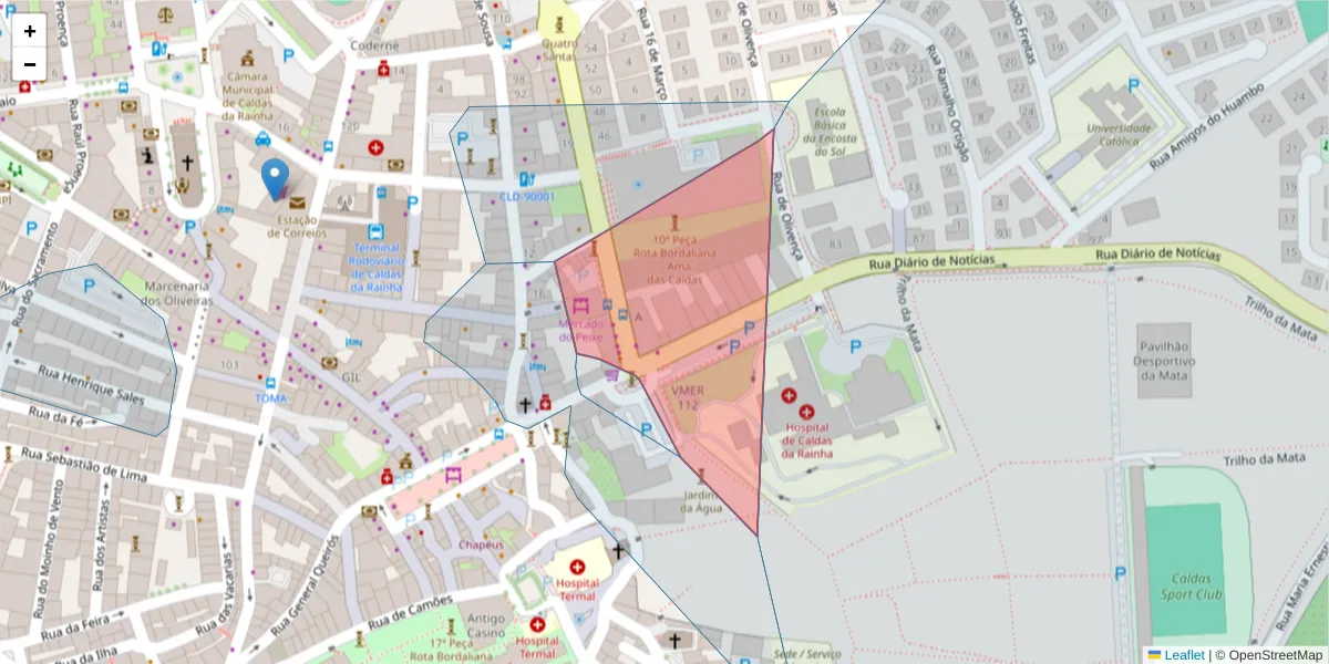 Mapa detalhado do código postal 2500-227 com limites, códigos postais vizinhos e agências dos correios