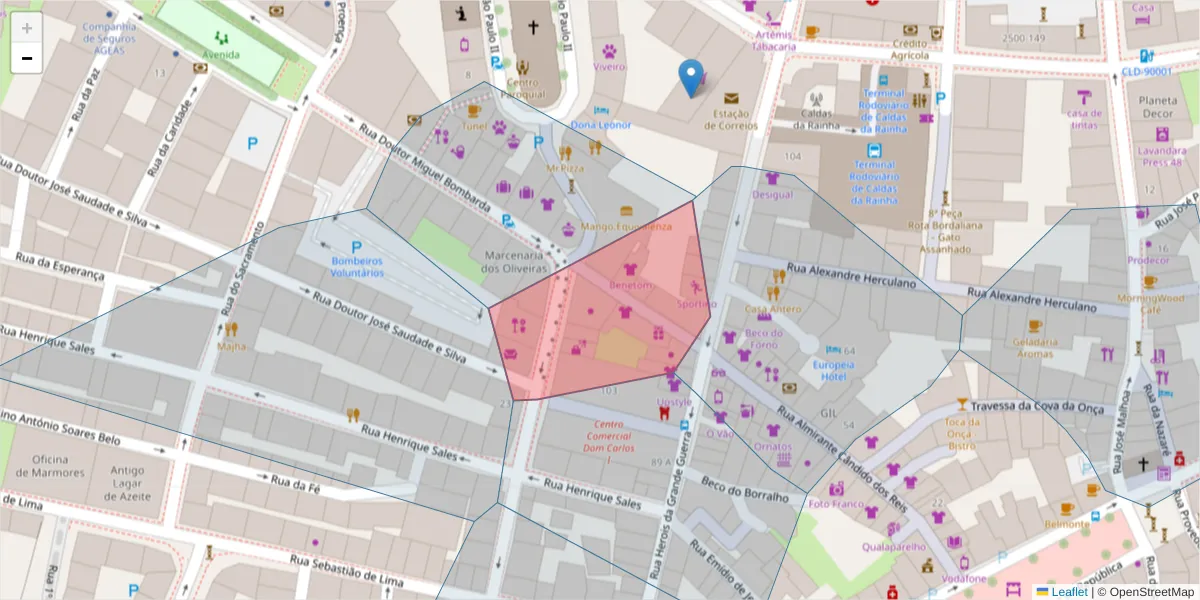 Mapa detalhado do código postal 2500-238;2500-38 com limites, códigos postais vizinhos e agências dos correios