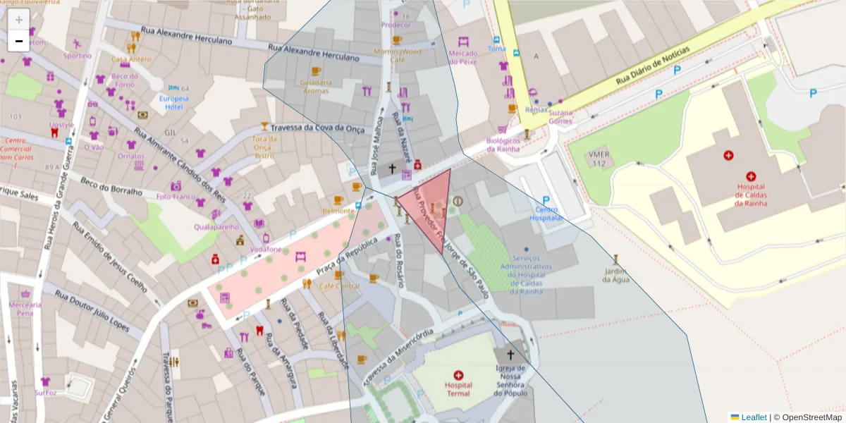 Mapa detalhado do código postal 2500-245 com limites, códigos postais vizinhos e agências dos correios