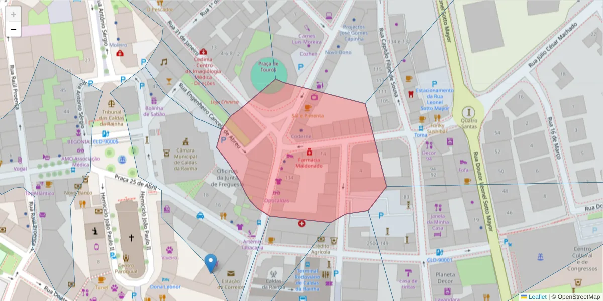 Mapa detalhado do código postal 2500-253 com limites, códigos postais vizinhos e agências dos correios