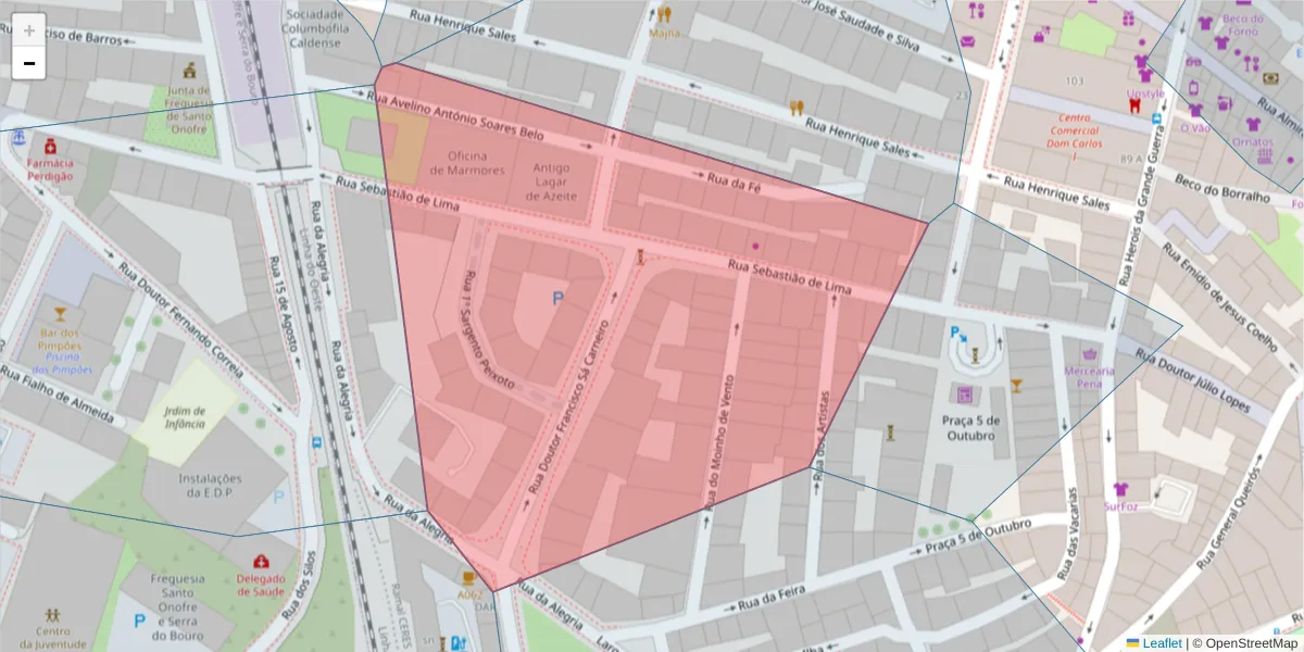 Mapa detalhado do código postal 2500-277 com limites, códigos postais vizinhos e agências dos correios