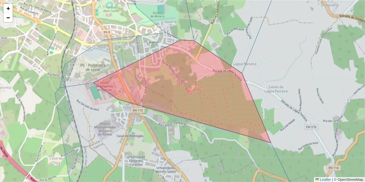 Mapa detalhado do código postal 2500-278 com limites, códigos postais vizinhos e agências dos correios